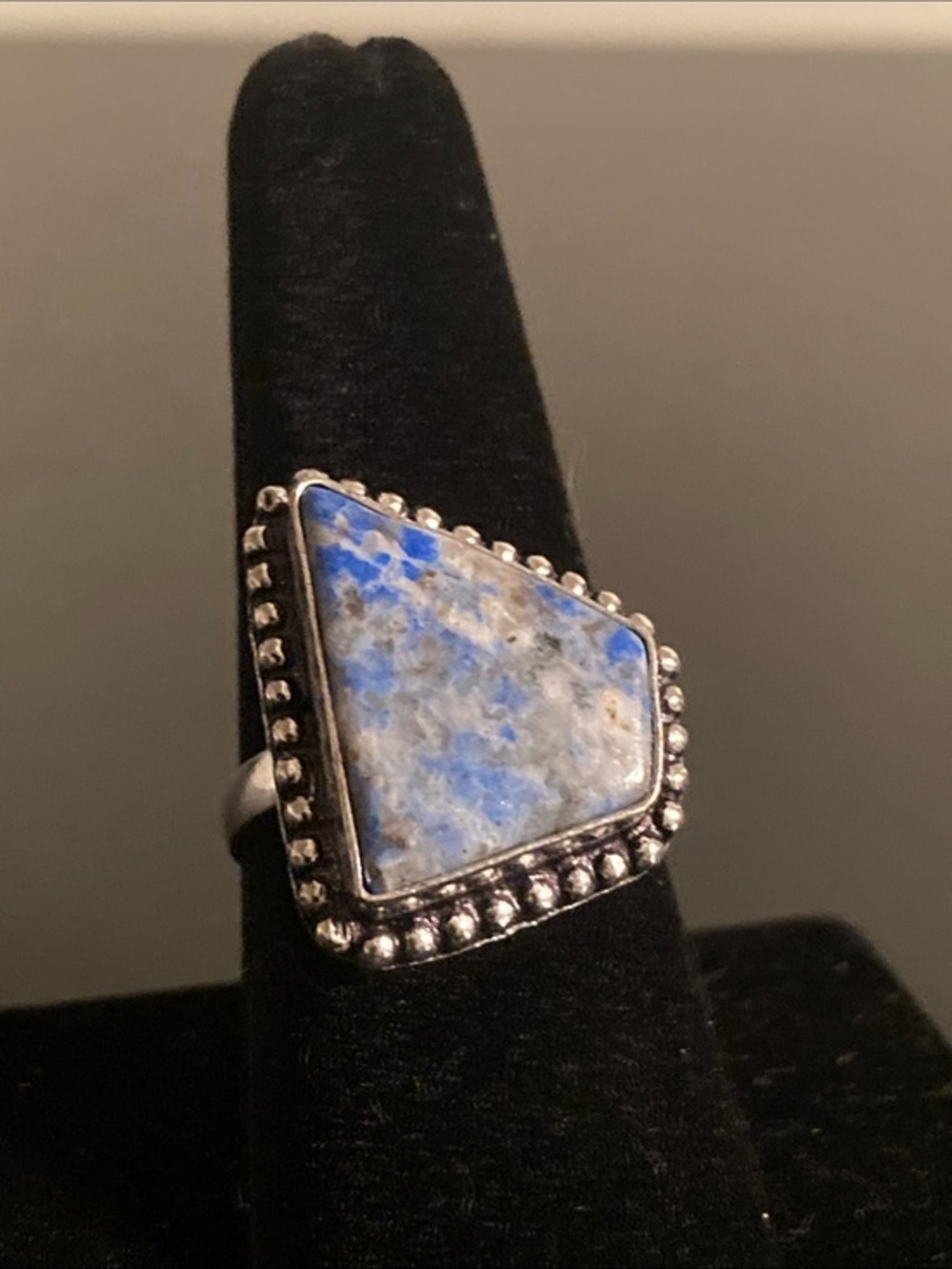 Sterling Silver Blue Dotted Stone Statement Ring size 9